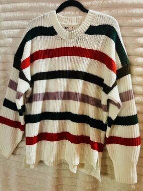 NWOT SO White Crewneck Sweater with Red, Black, Green & Purple Stripes women XXL